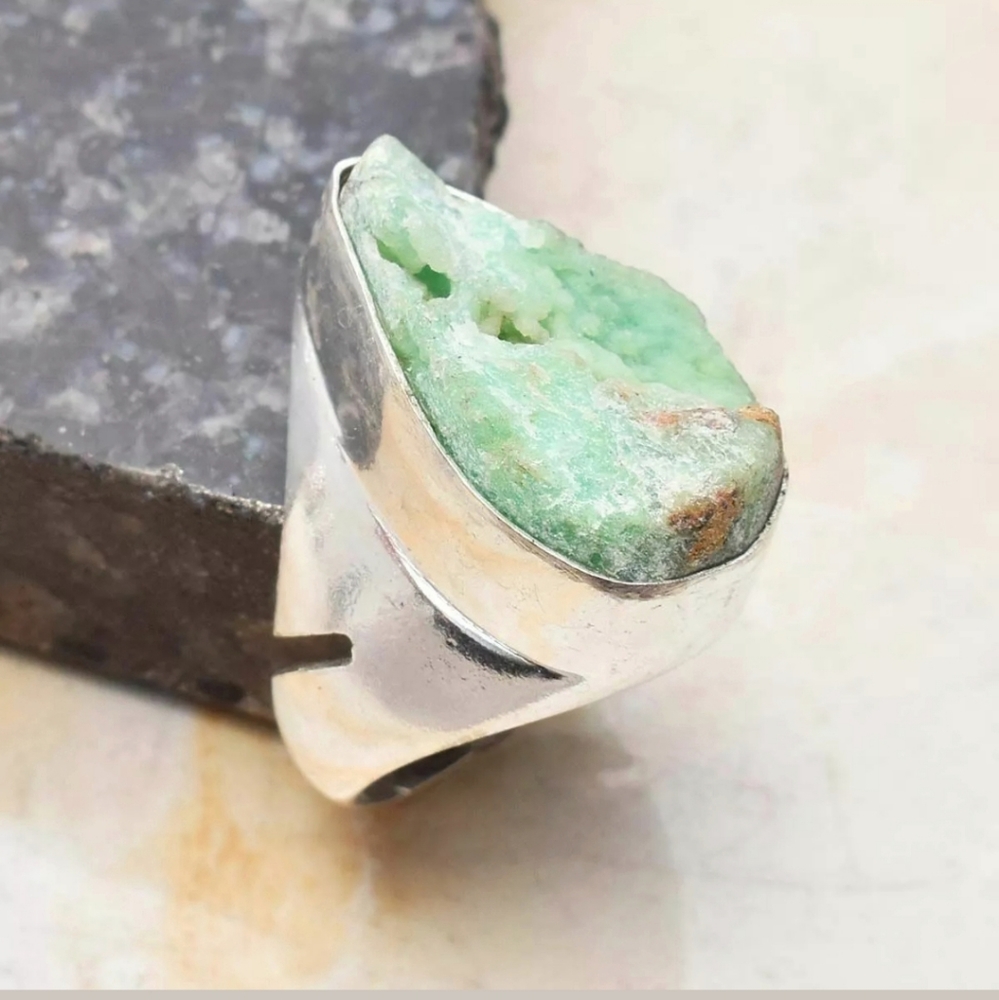 New Men's Natural Chrysoprase 925 Silver Ring.